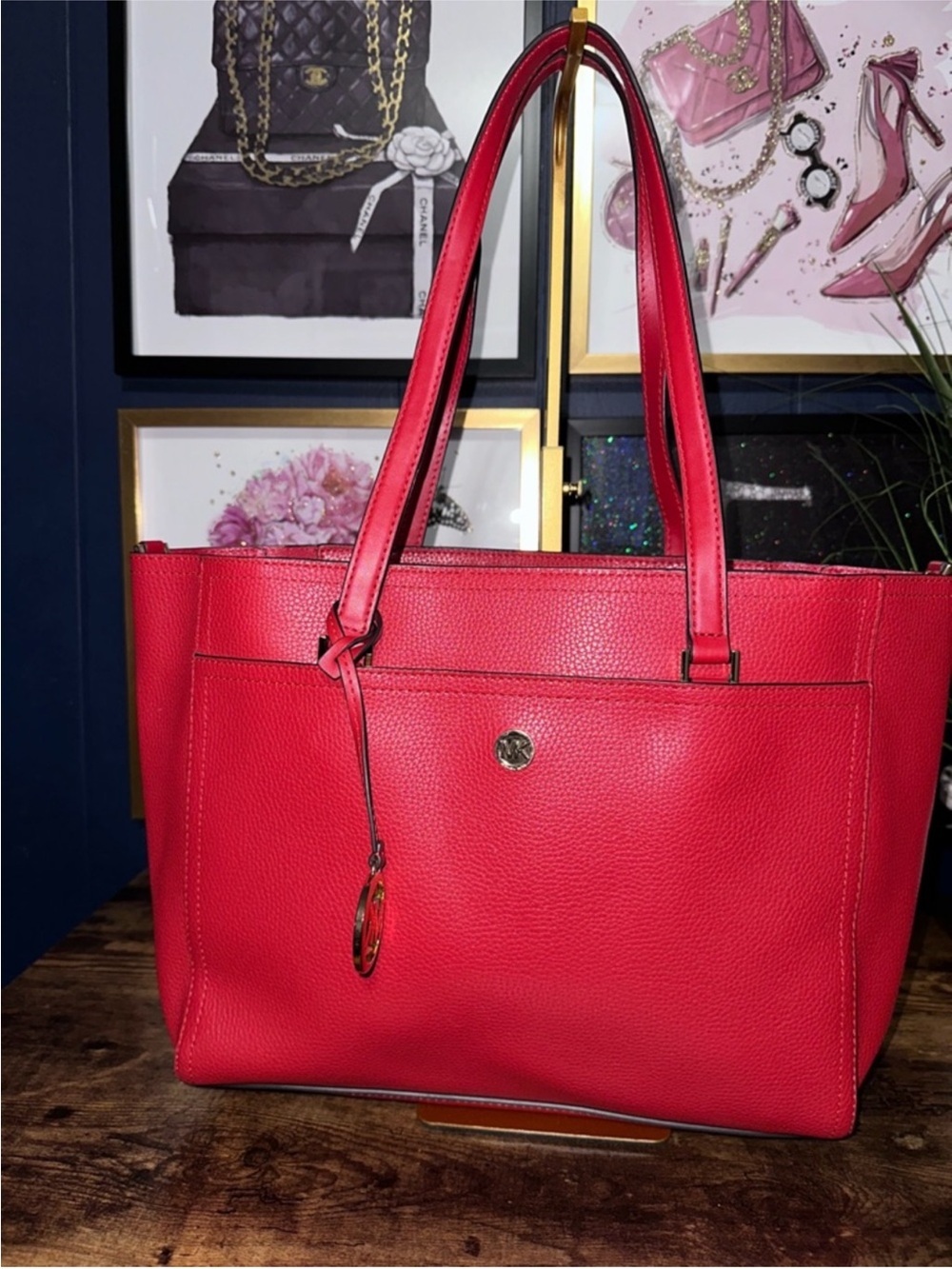 Red Leather Tote Bag by Tory Burch